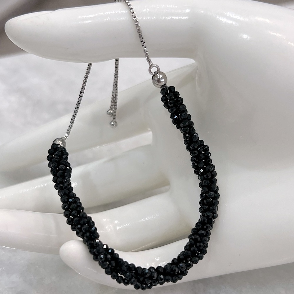 Thai Black Spinel Sterling Silver Cluster Twisted  Beaded BOLO Bracelet